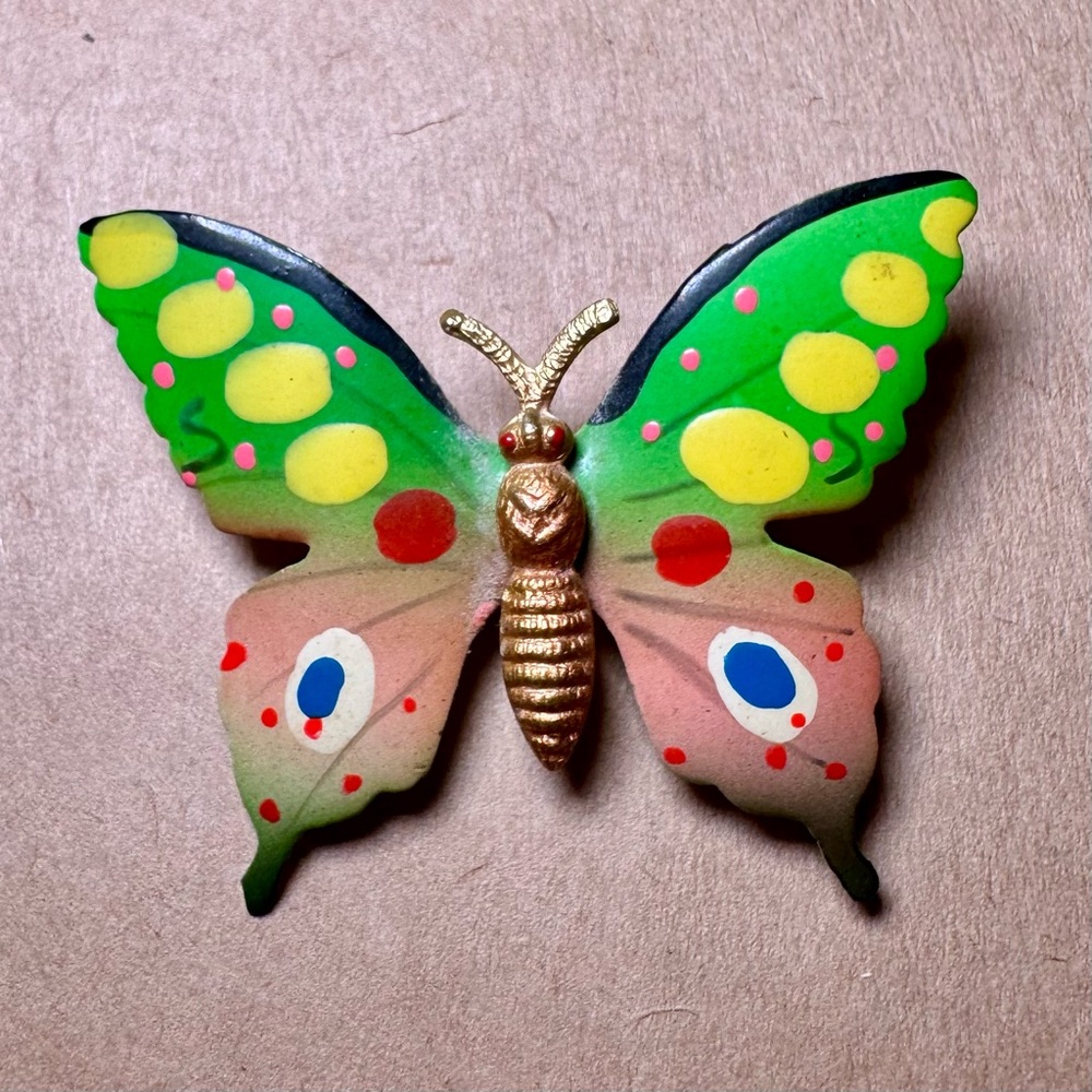 Vintage Korea Hand Painted Butterfly Brooch Colorful 2” Statement Pin